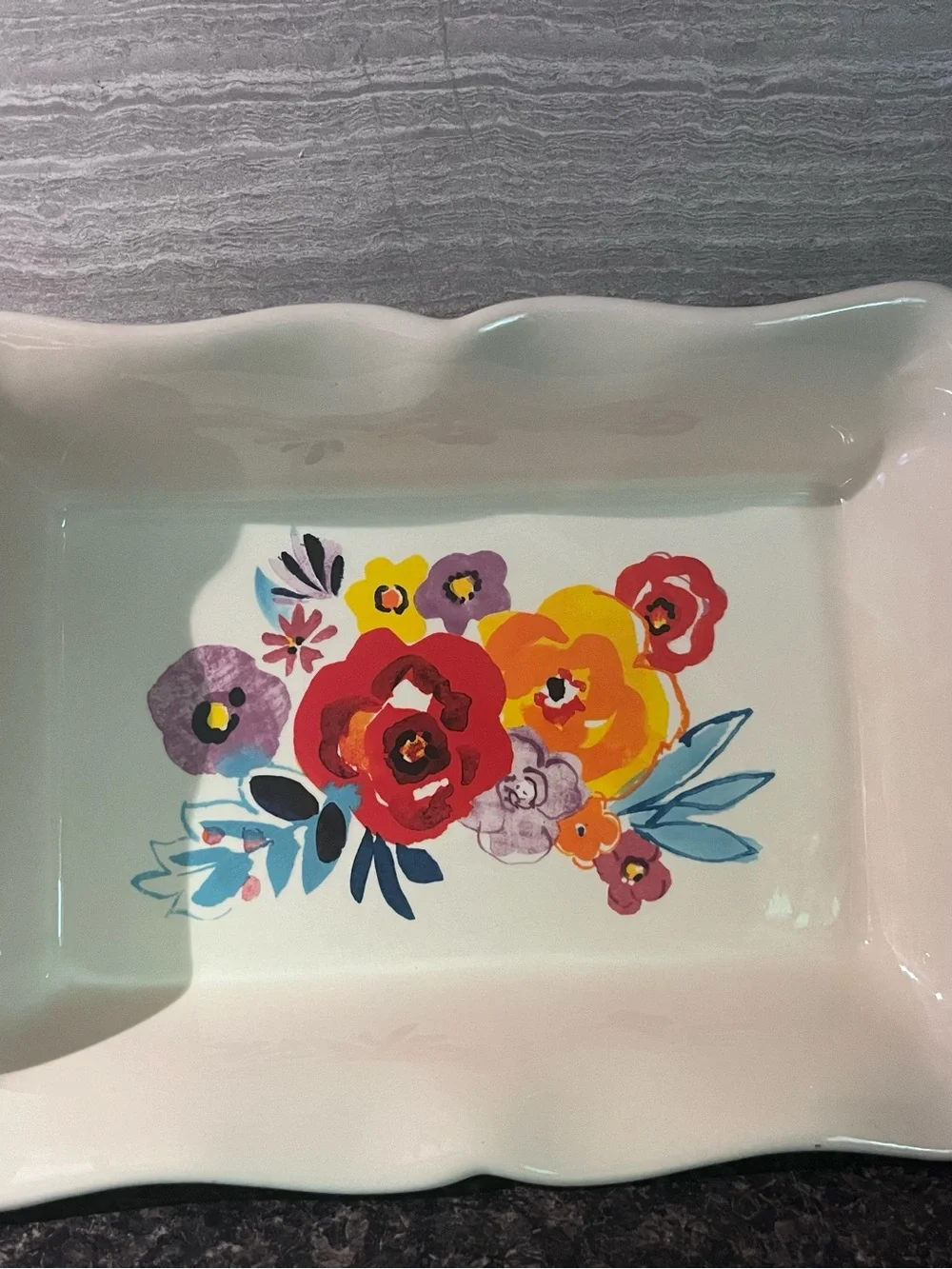 The Pioneer Woman Cream Ceramic Rectangular Baker with Multicolor Floral Border